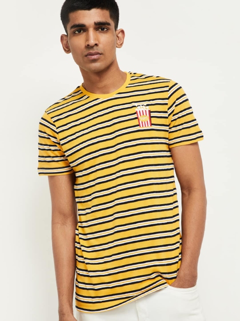

max Men Yellow Black Striped Round Neck Pure Cotton T-shirt