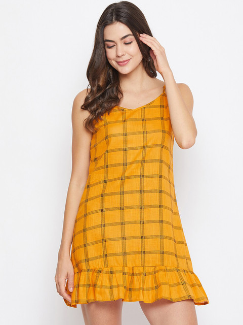 

Clovia Women Mustard Yellow & Black Checked Babydoll
