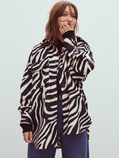 

H&M Women Black & Beige Felted Shirt Jacket