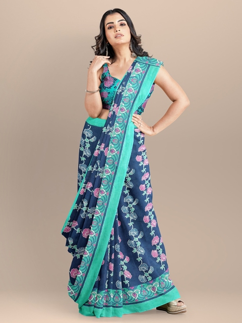 

BharatSthali Blue Pure Cotton Printed Block Print Sustainable Saree