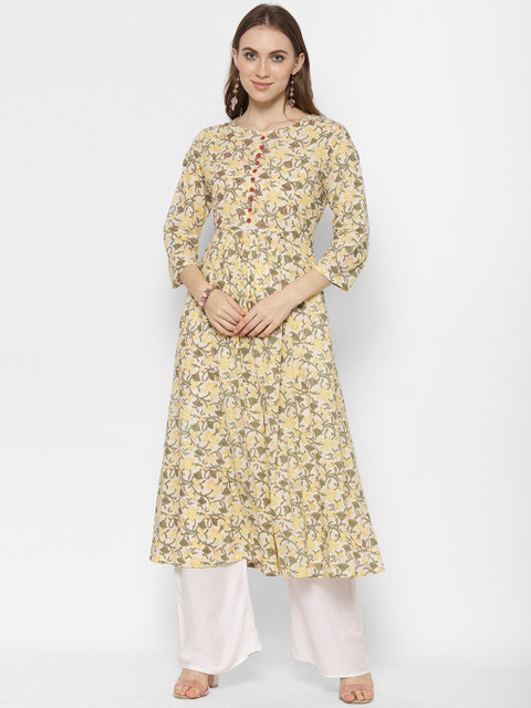 

Ramas Women Yellow & Beige Printed A-Line Cotton Kurta