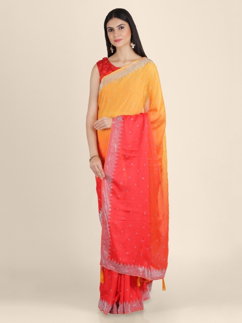 

KAJREE Red & Yellow Poly Chiffon Colourblocked Handloom Mysore Silk Saree