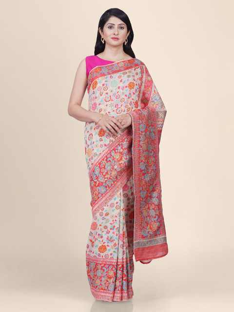 

KAJREE Off-White & Red Pashmina Woven Design Bomkai silk Saree