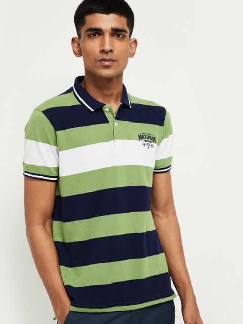 

max Men Green Striped Polo Collar Pure Cotton T-shirt