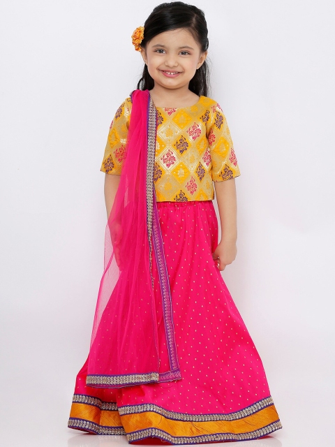 

SALWAR STUDIO Girls Pink & Mustard Yellow Ready-To-Wear Lehenga Choli With Dupatta