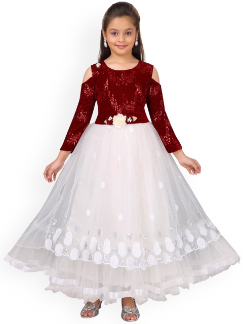 

Aarika Girls White & Maroon Self Design Sequined Maxi Dress