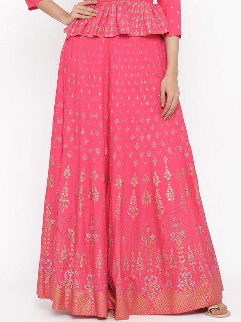 

Juniper Women Fuchsia Pink & Gold-Coloured Printed Flared Maxi Skirt