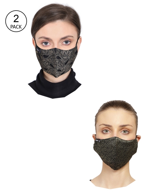 

Anekaant Unisex Pack Of 2 Black & Gold-Colored Woven Design 3-Ply Reusable Cloth Mask