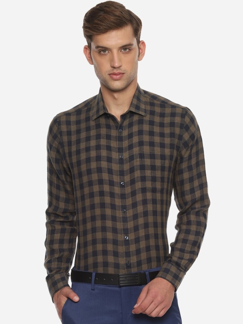 

Van Heusen Men Brown & Black Slim Fit Checked Formal Linen Shirt