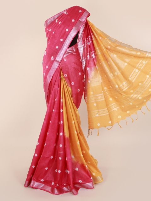 

Pothys Magenta Dyed Linen Blend Shibori Printed Saree