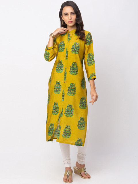 

TANKHI Women Yellow & Green Woven Design Straight Kurta