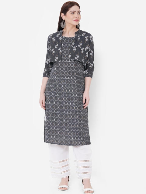 

FASHOR Women Grey & Off-White Yoke Design A-Line Kurta