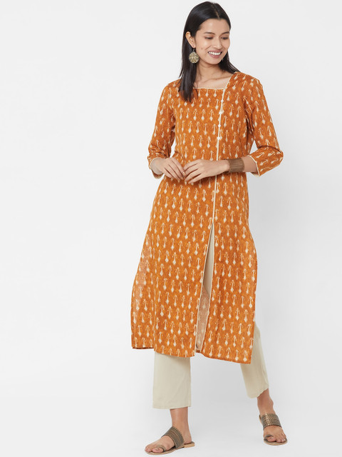 

Vedic Women Mustard Yellow Printed Straight Kurta