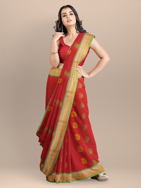 

BharatSthali Red Pure Cotton Woven Design Handloom Kovai Saree