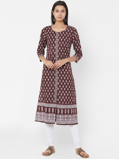 

Vedic Women Brown & White Printed A-Line Kurta