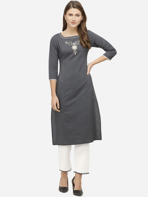 

Mirchi Fashion Women Black & White Embroidered Kurta with Trousers