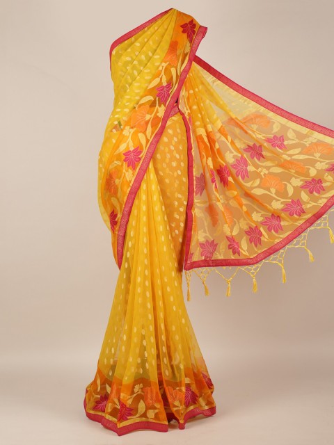 

Pothys Yellow Woven Design Poly Chiffon Saree with Jhalar Pallu