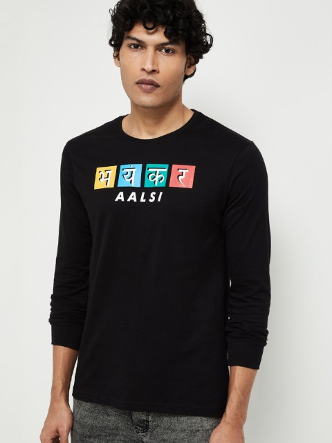 

max Men Black Printed Round Neck T-shirt