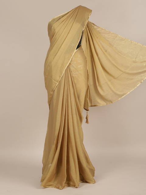 

Pothys Gold-Toned Solid Poly Chiffon Saree with Embellished Border
