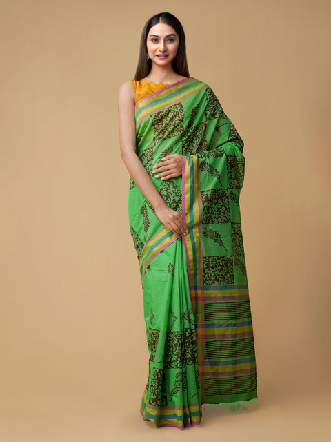 

Unnati Silks Green & Black Pure Cotton Woven Design Mangalagiri Saree