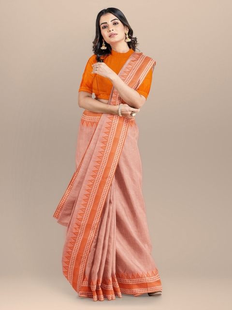 

BharatSthali Peach-Coloured Pure Cotton Solid Maheshwari Sustainable Saree