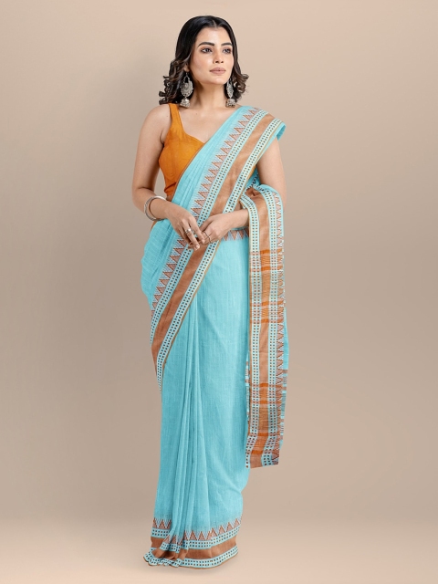 

BharatSthali Turquoise Blue Pure Cotton Woven Design Maheshwari Saree