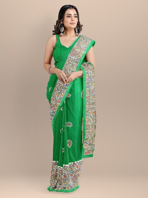 

BharatSthali Green Silk Cotton Printed Tussar Sustainable Saree