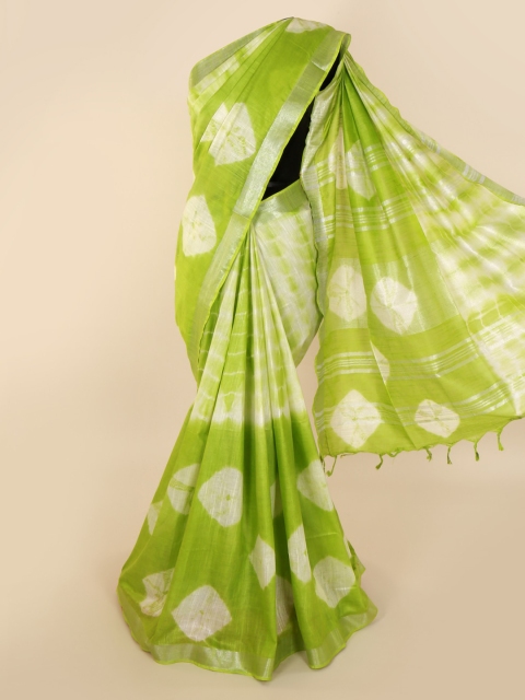 

Pothys Green & White Linen Blend Printed Saree with Zari Border