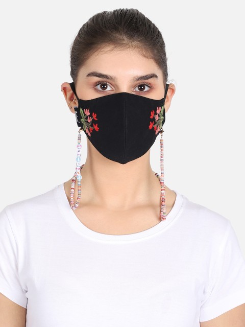 

Anekaant Women Black & Red Floral Embroidered 3-Ply Reusable Cloth Mask With Lanyard Chain
