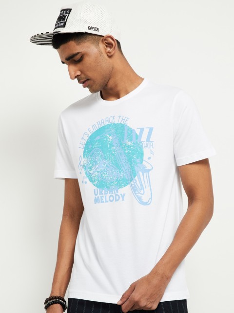 

max Men White Printed Round Neck Pure Cotton T-shirt