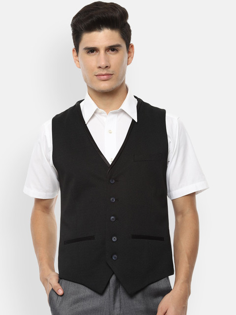 

V Dot Men Black Woven Design Waistcoat