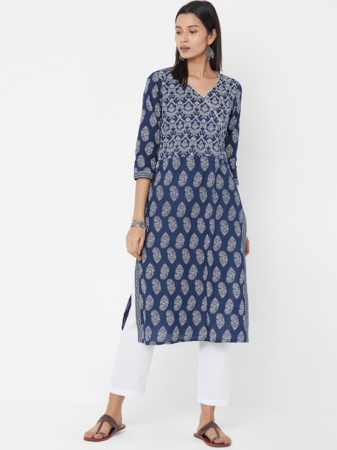

Vedic Women Navy Blue & White Printed A-Line Kurta