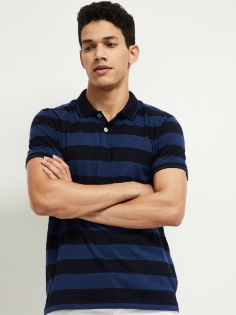 

max Men Navy Blue Striped Polo Collar T-shirt
