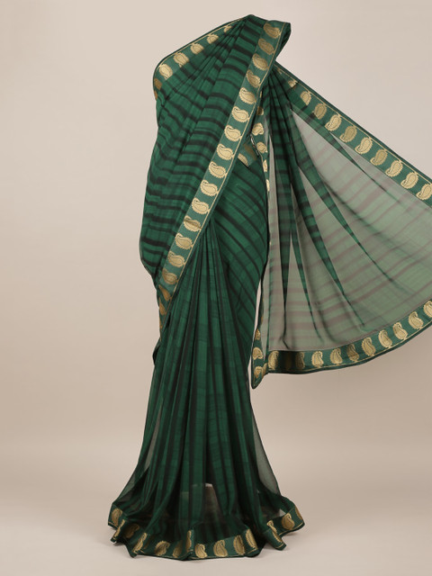 

Pothys Green & Black Poly Chiffon Striped Saree with Zari Border