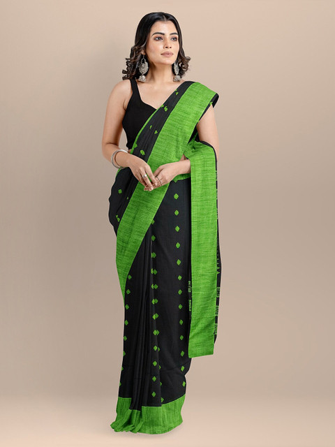 

BharatSthali Black & Green Pure Cotton Woven Design Taant Handloom Saree
