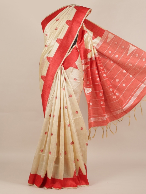 

Pothys Cream-Coloured & Red Jute Silk Woven Design Saree with Jhalar Pallu