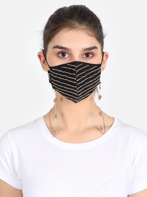 

Anekaant Women Black & Gold-Colored Embellished 3-Ply Reusable Cloth Mask With Lanyard Chain