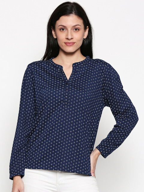 

People Women Navy Blue Printed Cotton Top