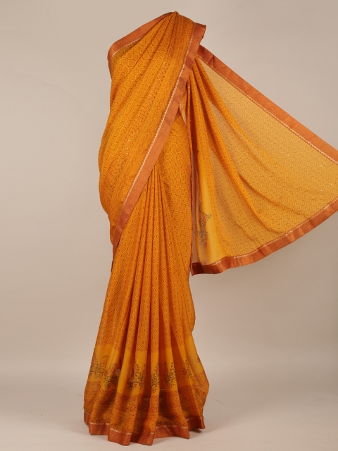 

Pothys Mustard Printed Poly Chiffon Saree with Zari Border