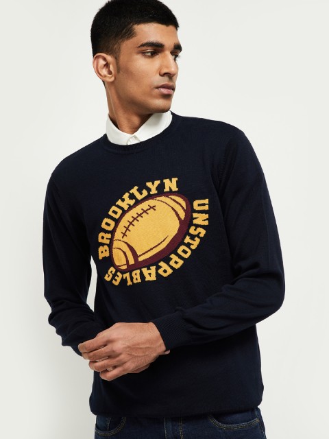 

max Men Navy Blue & Yellow Printed Pullover Sweater