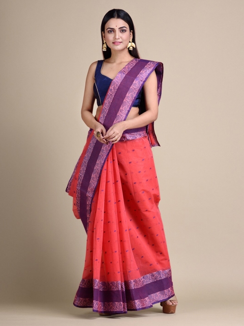 

Mitera Coral & Violet Pure Cotton Woven Design Taant Hand Woven Saree