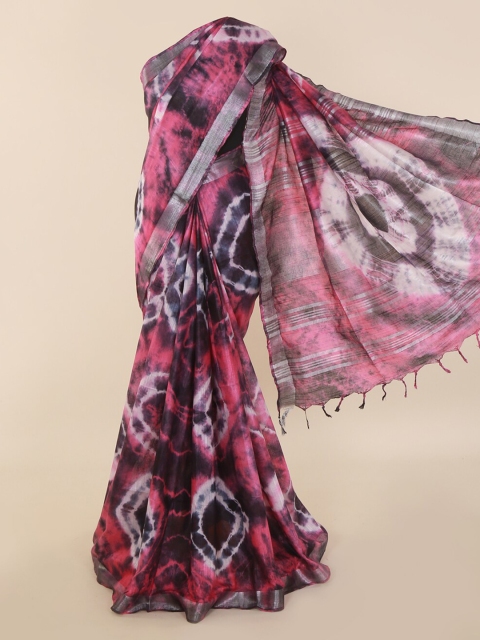 

Pothys Pink & Navy Blue Linen Blend Printed Saree with Zari Border