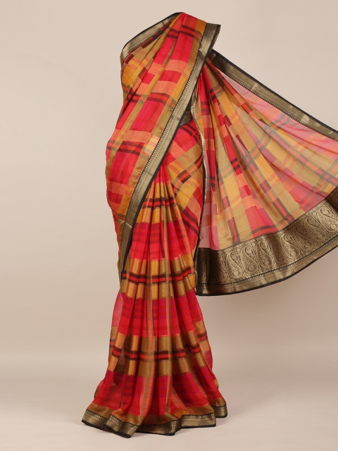 

Pothys Red & Gold-Toned Poly Chiffon Printed Saree with Zari Border