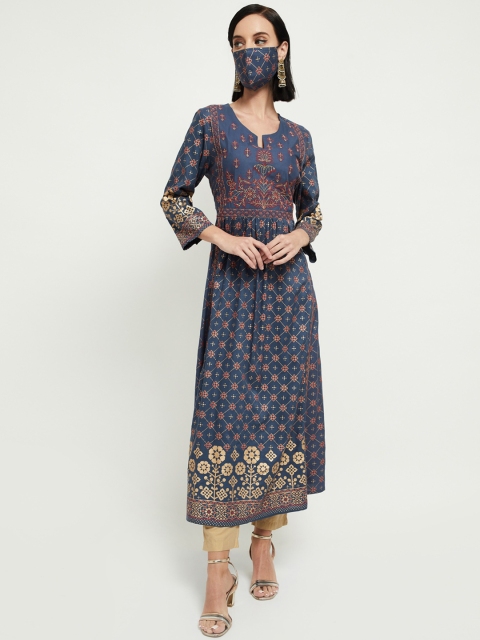 

max Women Blue Foil Printed A-Line Kurta