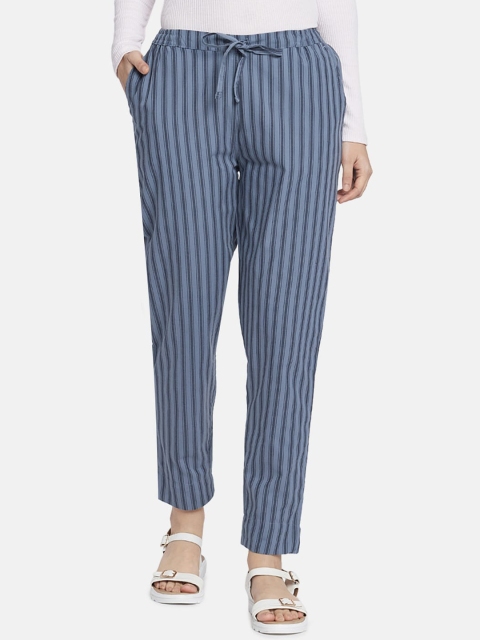 

Go Colors Women Blue Straight Fit Striped Linen Regular Trousers