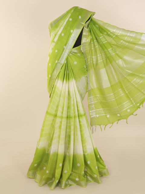 

Pothys Green & White Linen Blend Printed Saree with Zari Border