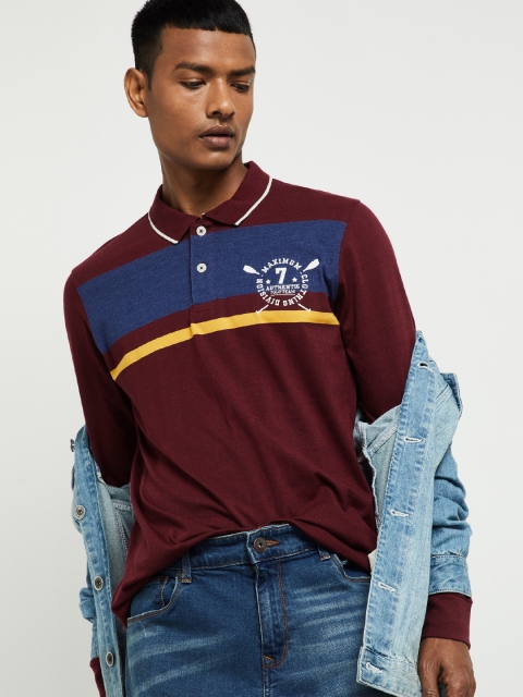 

max Men Maroon Colourblocked Polo Collar T-shirt