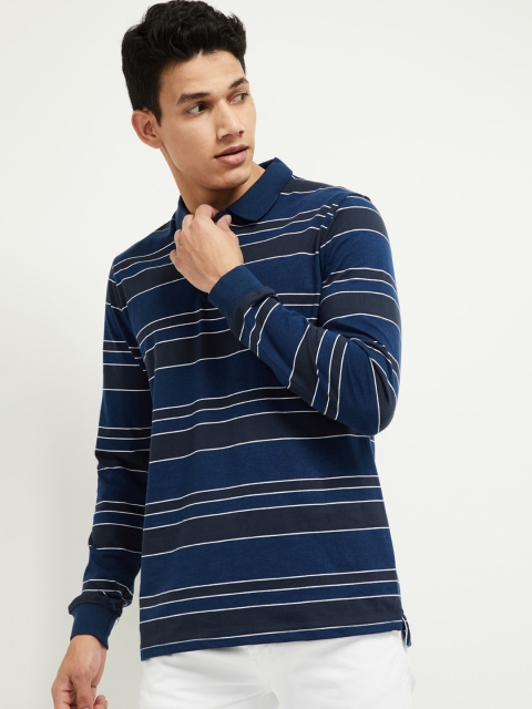 

max Men Navy Blue Striped Polo Collar T-shirt