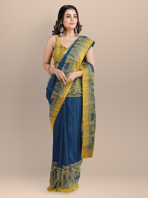 

BharatSthali Blue & Mustard Pure Silk Printed Tussar Sustainable Saree