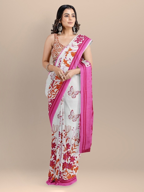 

BharatSthali White & Pink Pure Cotton Printed Block Print Sustainable Saree